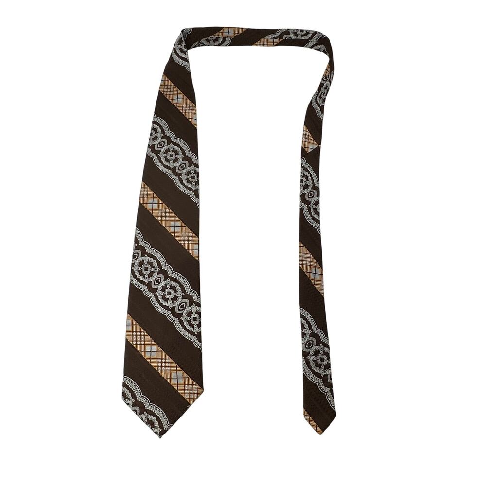 Vintage Christian Dior Necktie Mens One Size Brown Orange Cream Stripe Print